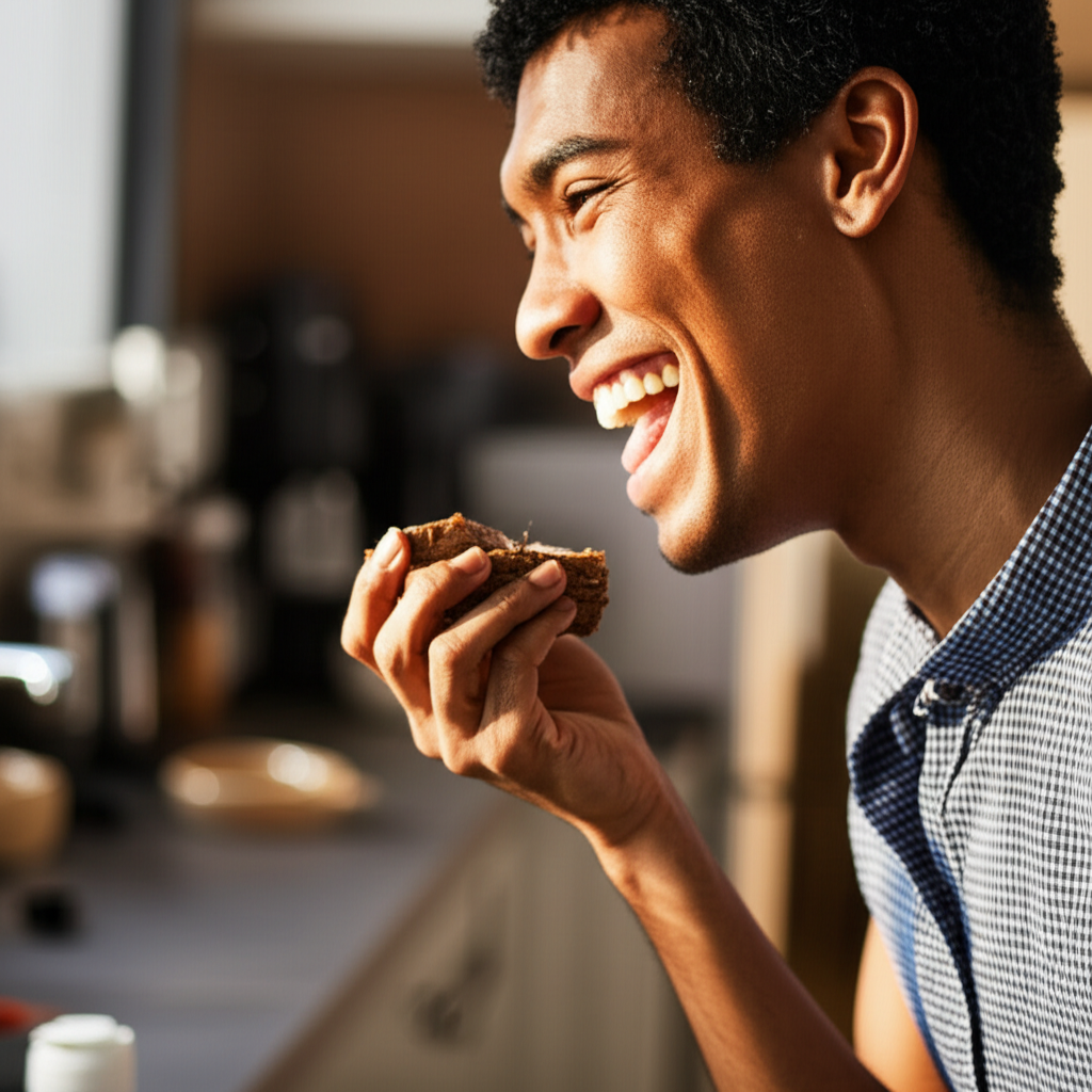 A person smiling while tasting food